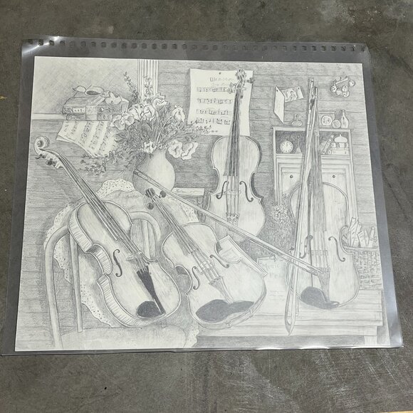 String Instruments Upright Bass Cello Graphite Pencil Paper Drawing Still Life - Picture 1 of 5